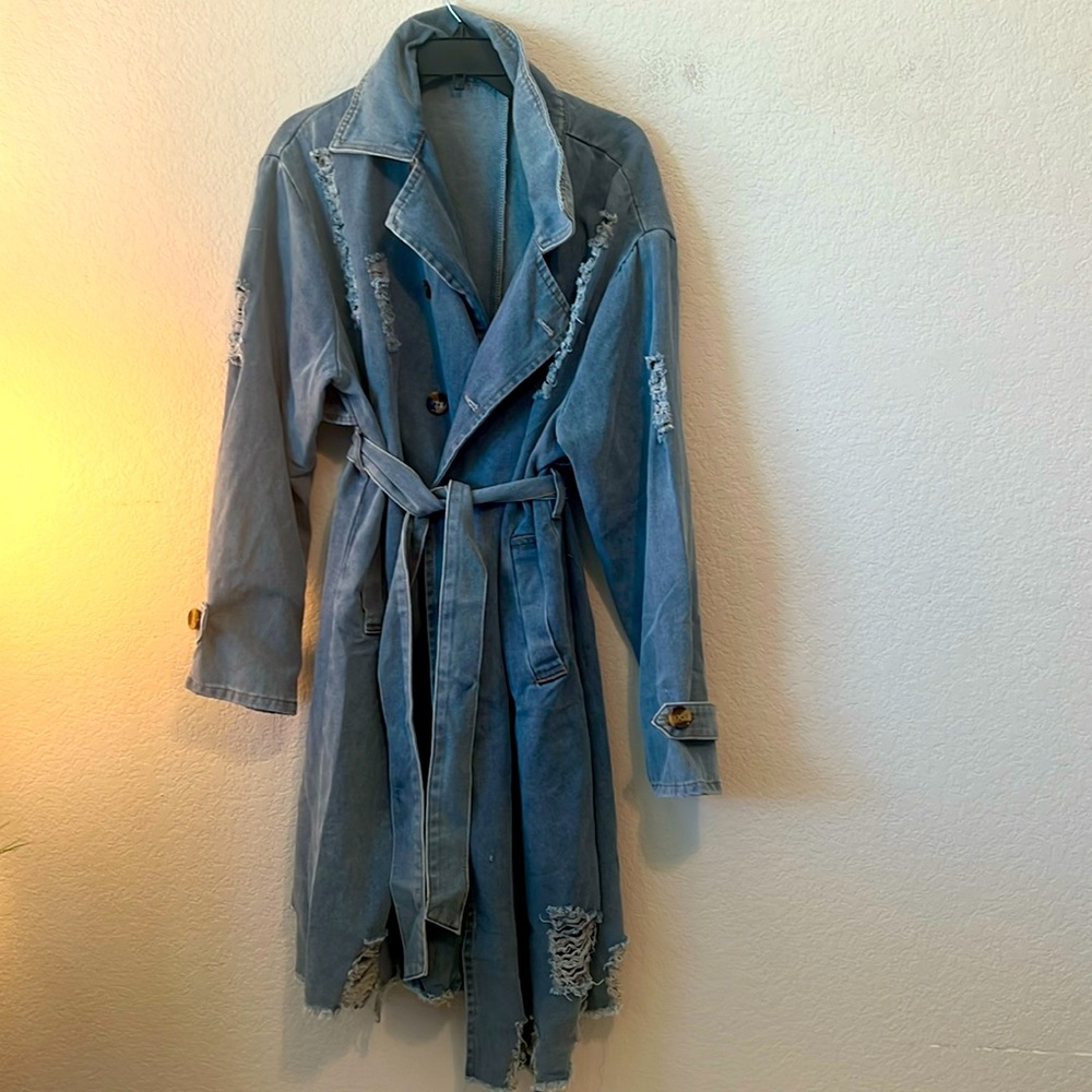 Distressed Light Blue Denim Trench Coat
